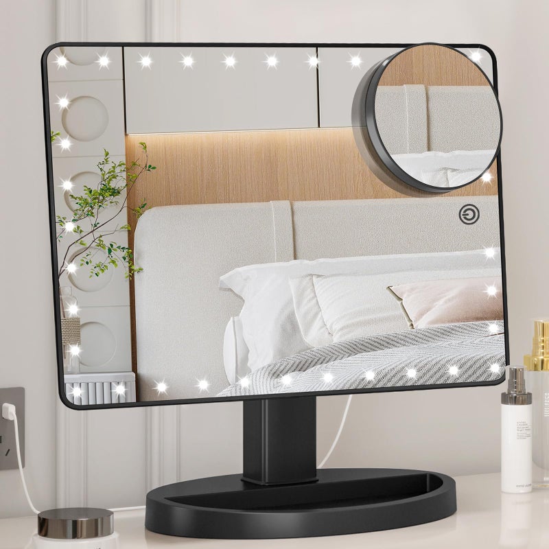 FUNTOUCH Large Lighted Makeup Mirror with Lights, Light Up Mirror with Small 10x Magnification for Desk, 360Â°Rotation Touch Screen,Brightness Adjustable Tabletop Cosmetic Vanity Make Up Mirror - Image 1